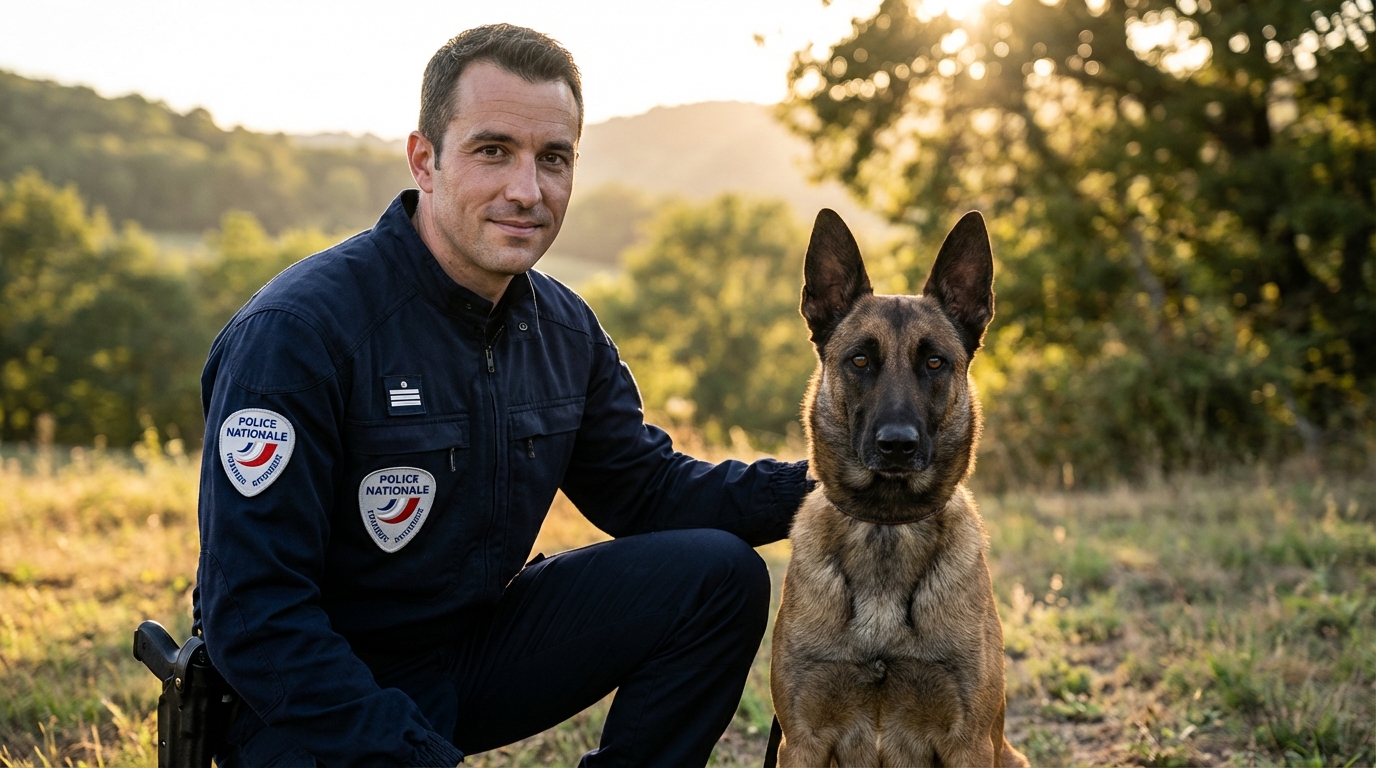 Le malinois V'Stark, chien policier, regarde avec confiance son maître-chien en uniforme de la Police Nationale.