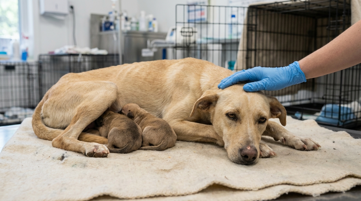 Une chienne maigre mais au regard doux, couchée près de ses deux petits chiots, recevant des soins d'un bénévole.