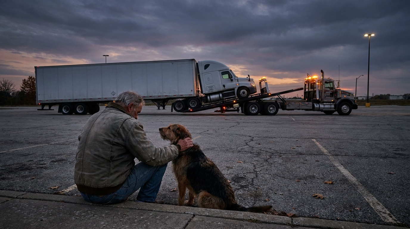 Un homme assis sur le trottoir regarde avec espoir son chien fidèle, symbolisant la solidarité qui leur a offert un nouveau départ.