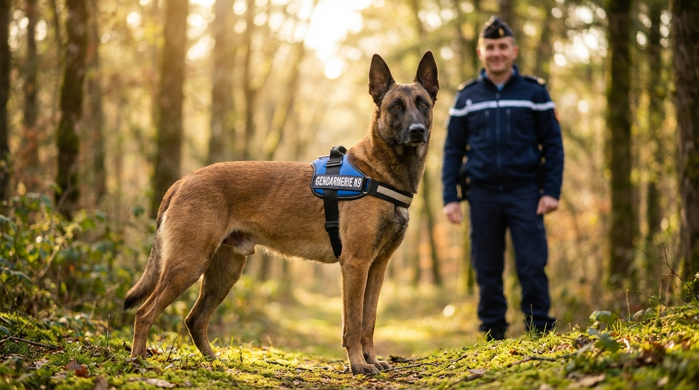 Mojito, un chien de la gendarmerie au regard attentif et concentré, prêt pour une mission de sauvetage en forêt.