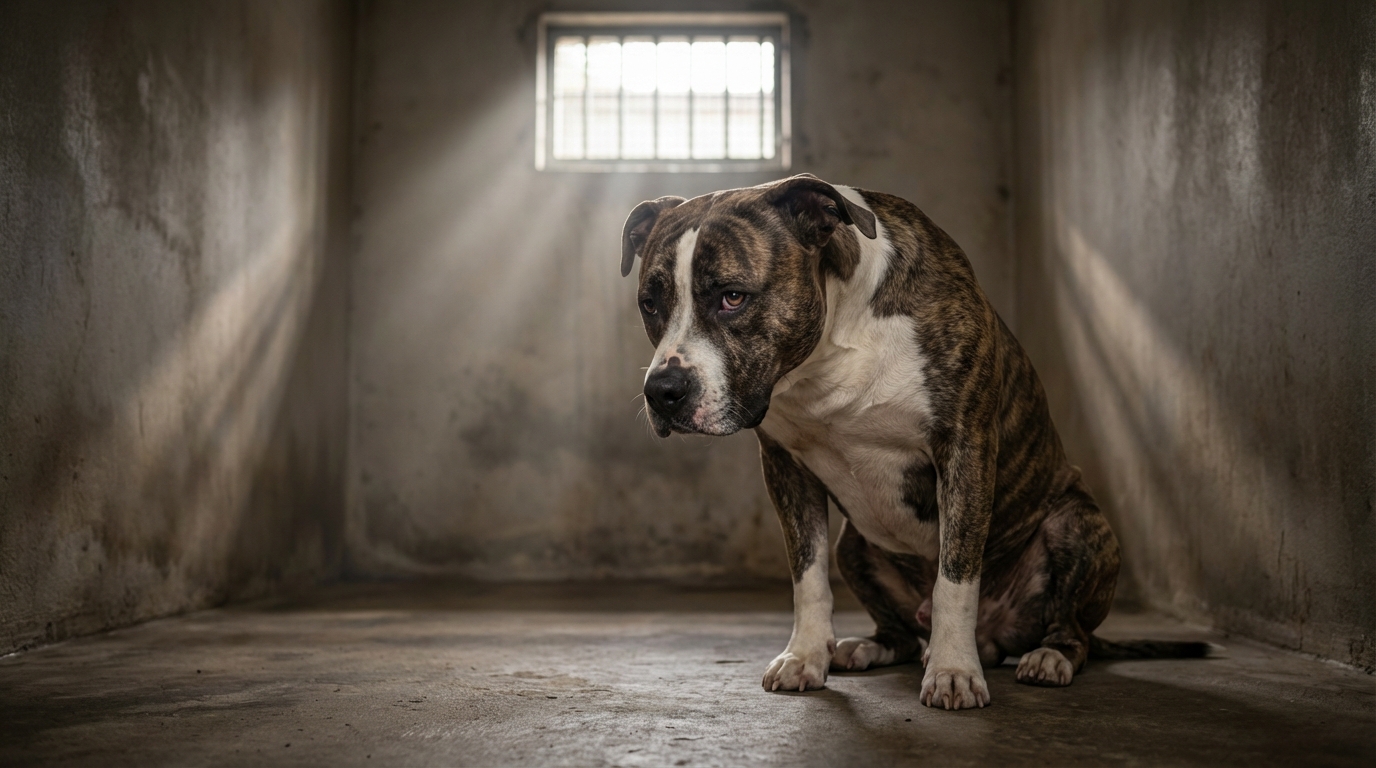 Un chien de type molosse, American Bully, assis dans un refuge, le regard empreint de tristesse, symbolisant les conséquences d'une agression.