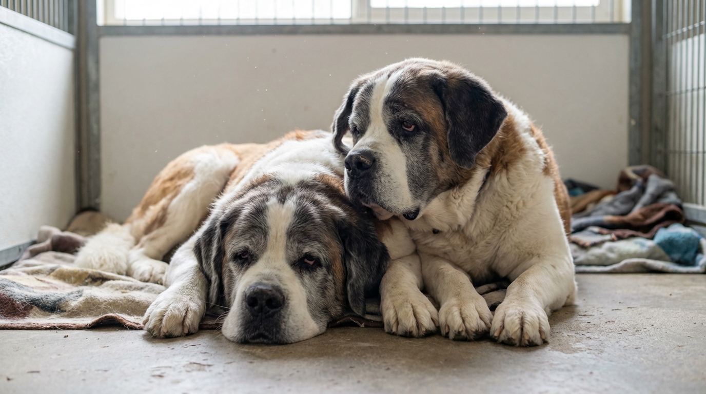 Mona et Neutron, deux adorables Saint-Bernard âgés, blottis l'un contre l'autre dans leur box à la SPA, attendant une famille.