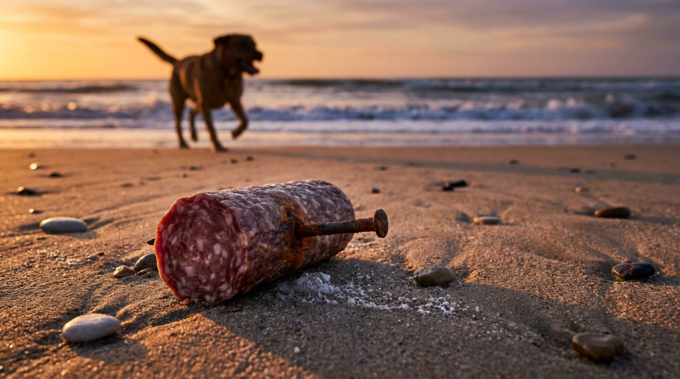 Un morceau de saucisson piégé avec un clou rouillé, posé sur le sable d'une plage, illustrant le danger mortel pour les chiens.