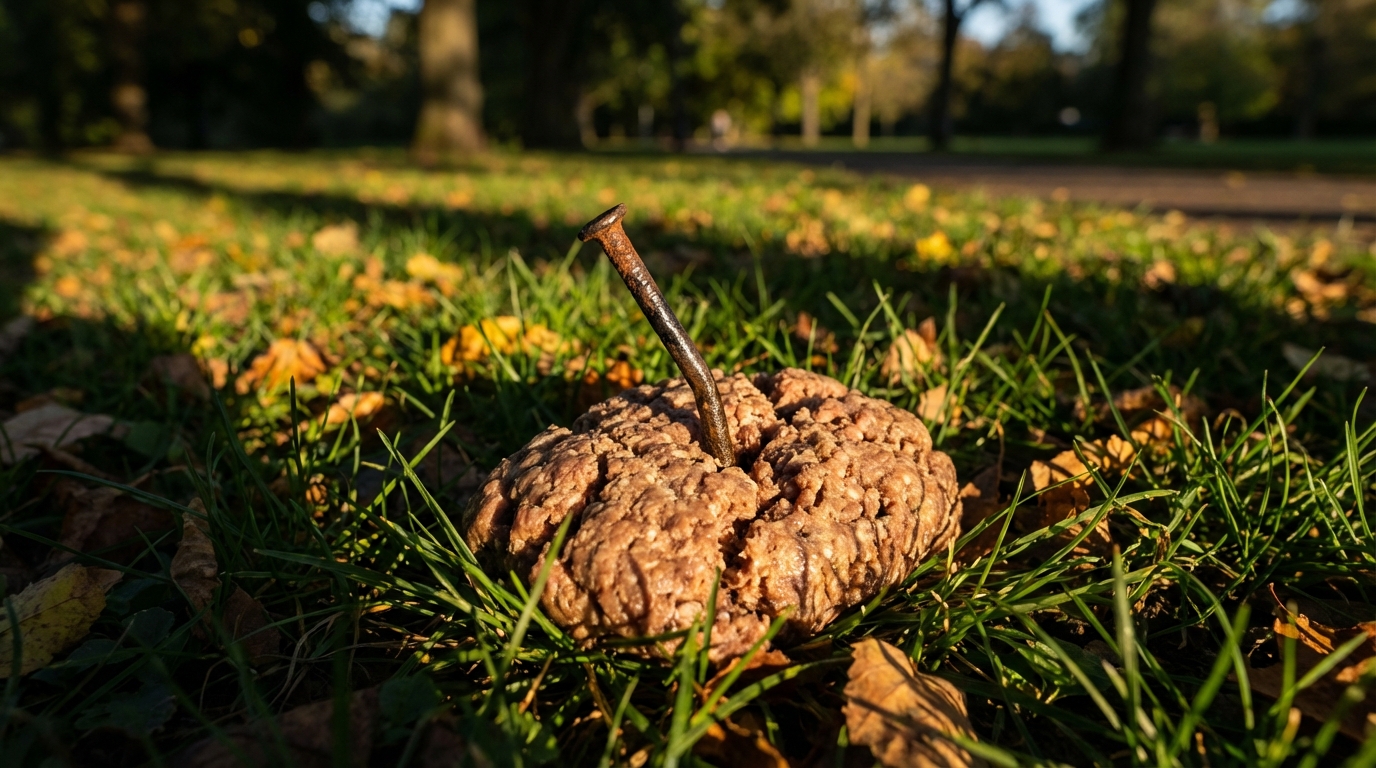 Un morceau de viande suspect posé dans l'herbe d'un parc, illustrant le danger des appâts empoisonnés pour les chiens.