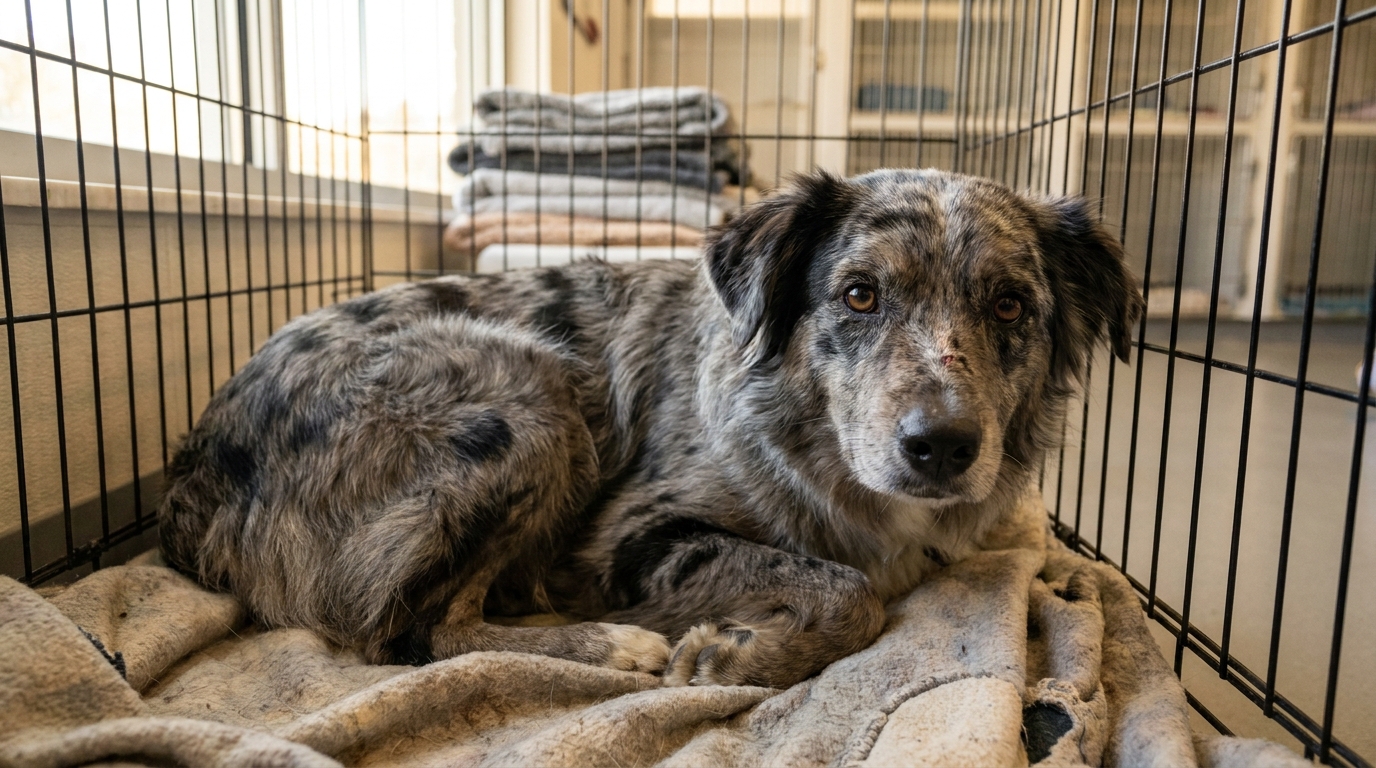 Nayko, un berger australien au regard doux, se repose dans son panier au refuge, montrant sa truffe blessée mais un air confiant.
