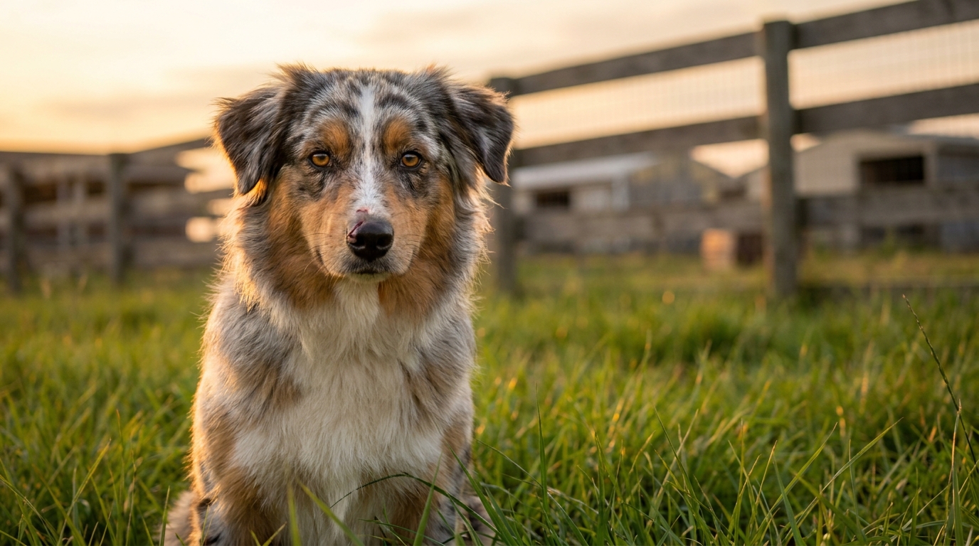 Nayko, un magnifique berger australien aux yeux vifs, assis calmement dans l'herbe d'un refuge, l'air doux et résilient.