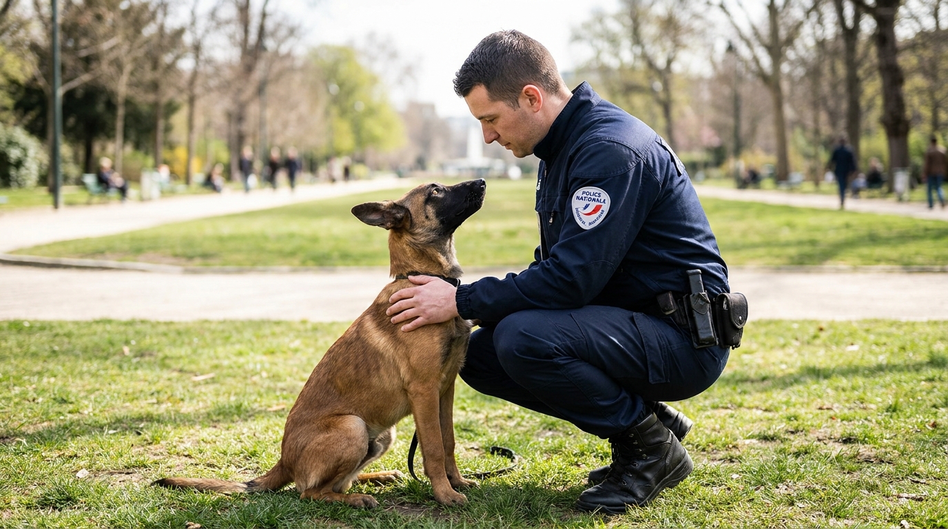 La chienne malinoise Nessi, ancien chien abandonné, assise fièrement à côté de son maître-chien en uniforme de la Police Nationale.