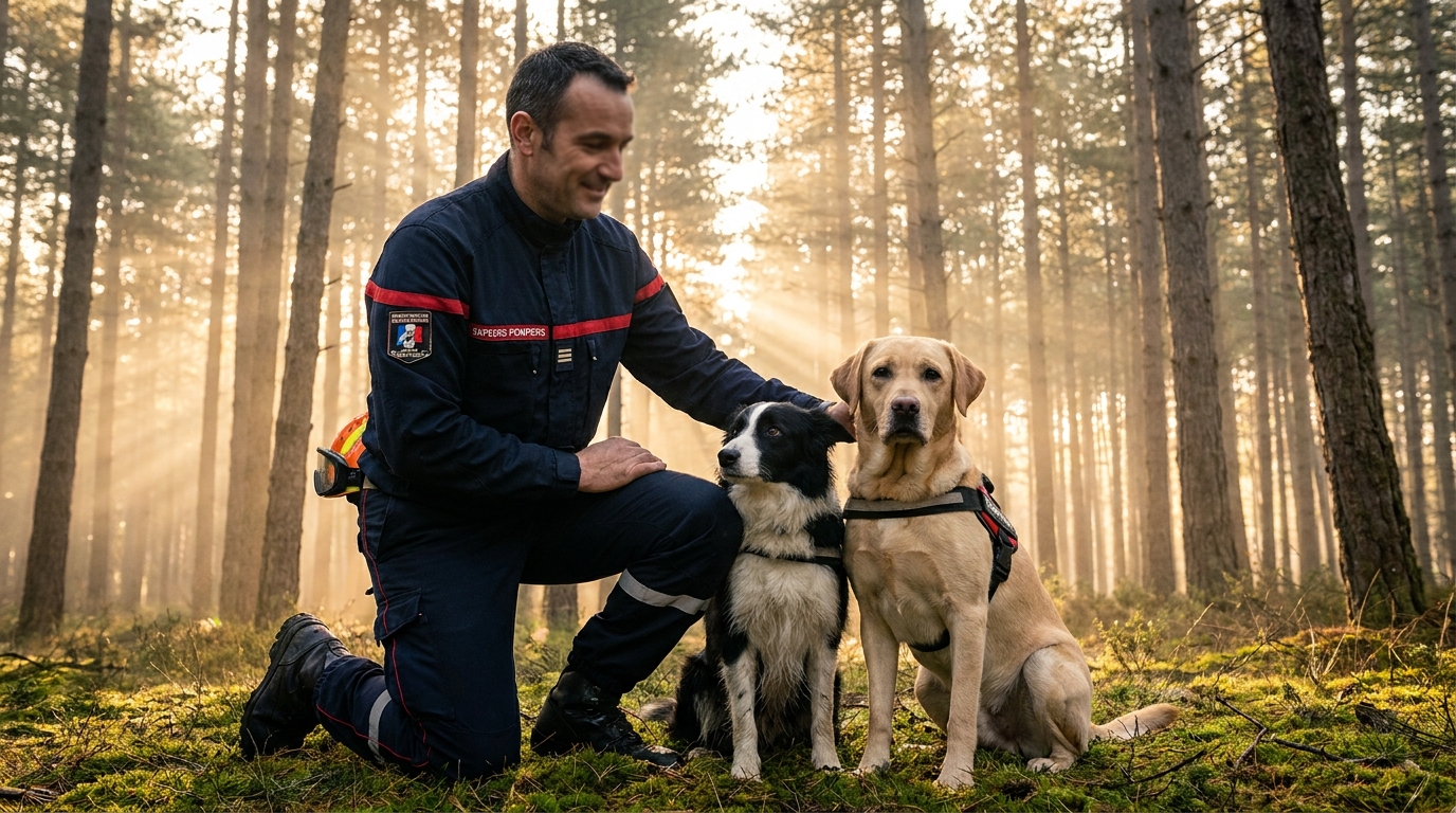 Les chiens de secours Nexus le Border Collie et Uzo le Labrador posent fièrement avec leur maître-pompier en uniforme du SDIS 47.