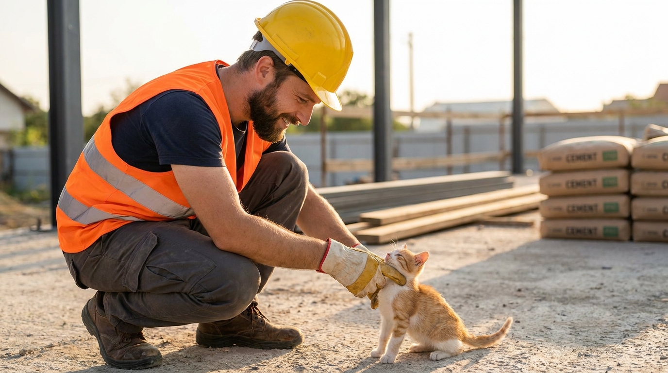 Un ouvrier en tenue de travail sourit en caressant tendrement un petit chaton roux blotti dans ses bras, sur un chantier en arrière-plan.