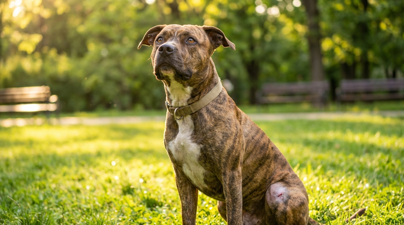 Un American Staffordshire Terrier au regard doux et plein d'espoir, assis dans un jardin, attendant d'être adopté.