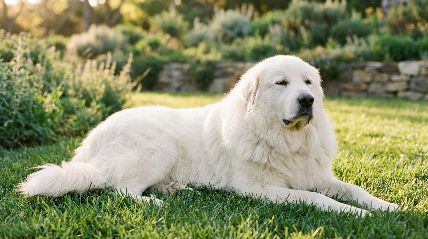 Un grand chien de montagne des Pyrénées blanc, de type patou, couché sereinement dans un jardin verdoyant, le regard apaisé.