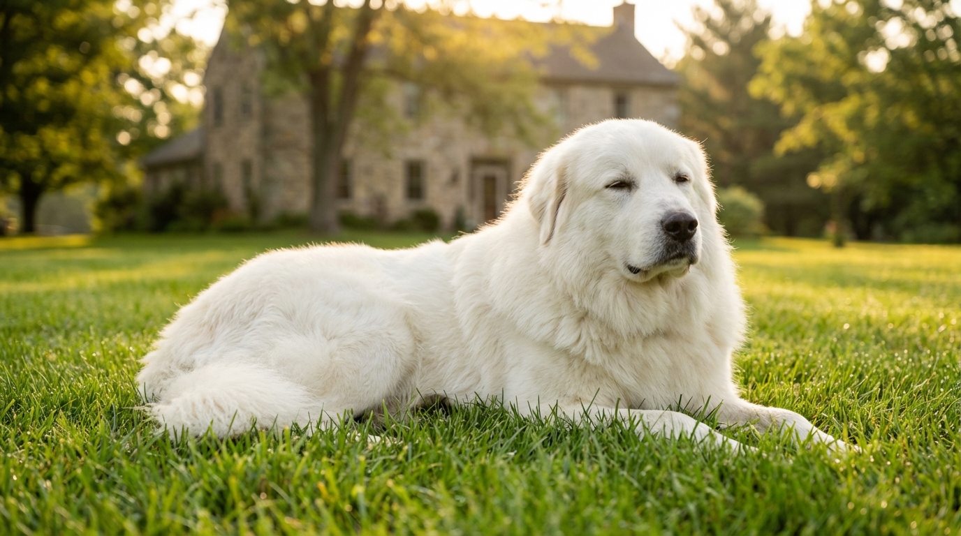 Un grand chien de montagne des Pyrénées (patou) blanc, couché paisiblement dans l'herbe d'un jardin, l'air heureux et détendu.