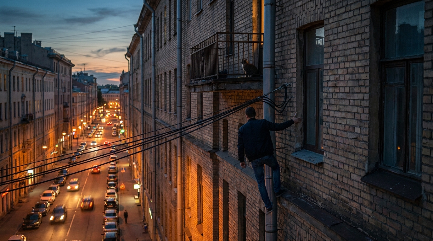 Un homme sur une échelle près d'un balcon et de câbles électriques, illustrant le danger d'un sauvetage d'animal en hauteur.