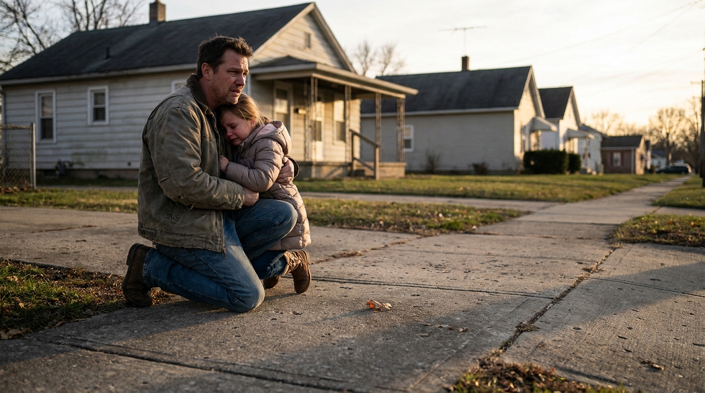 Un père réconforte sa jeune fille en pleurs sur un trottoir, symbolisant le chagrin et la peur des familles après une vague de disparitions de chats.