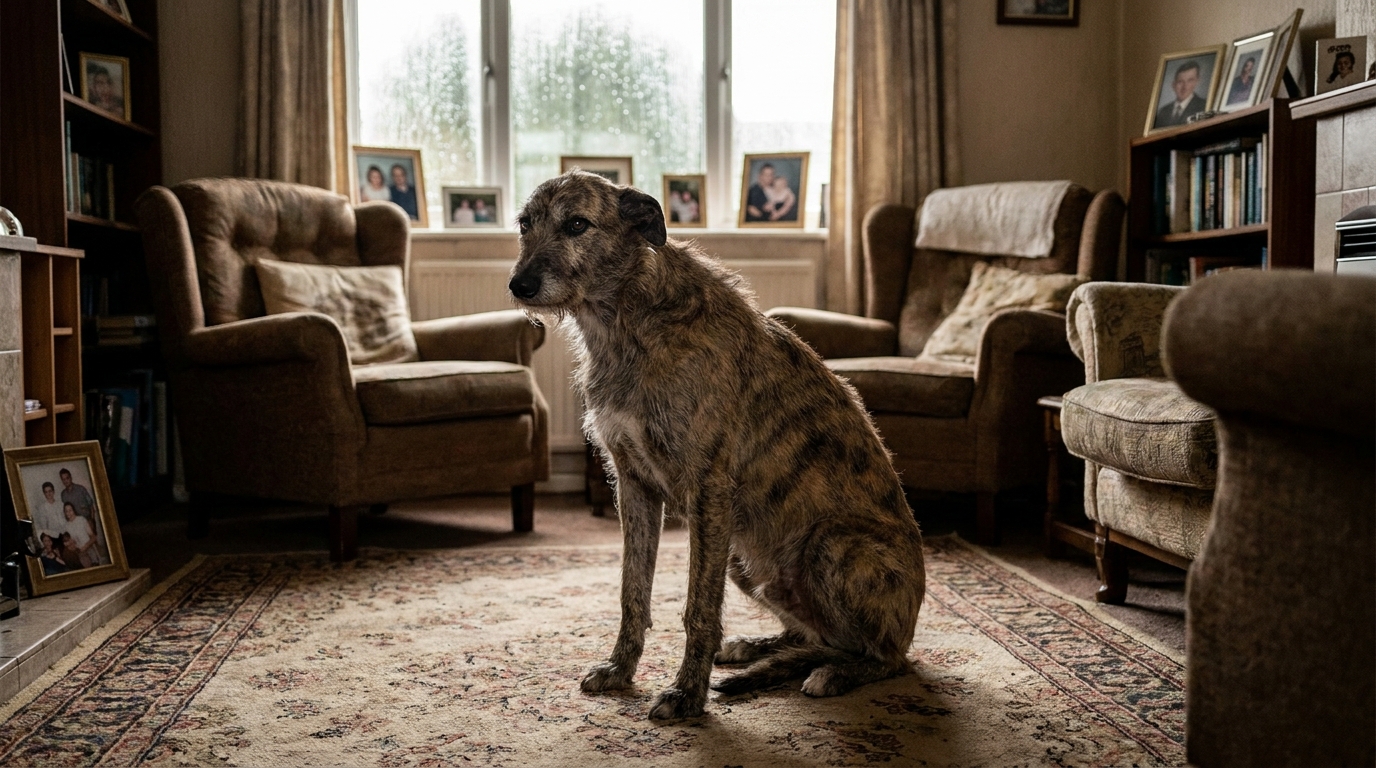 Un homme est assis sur un canapé, la tête dans les mains, en signe de deuil, avec la silhouette d'un chien floue en arrière-plan.