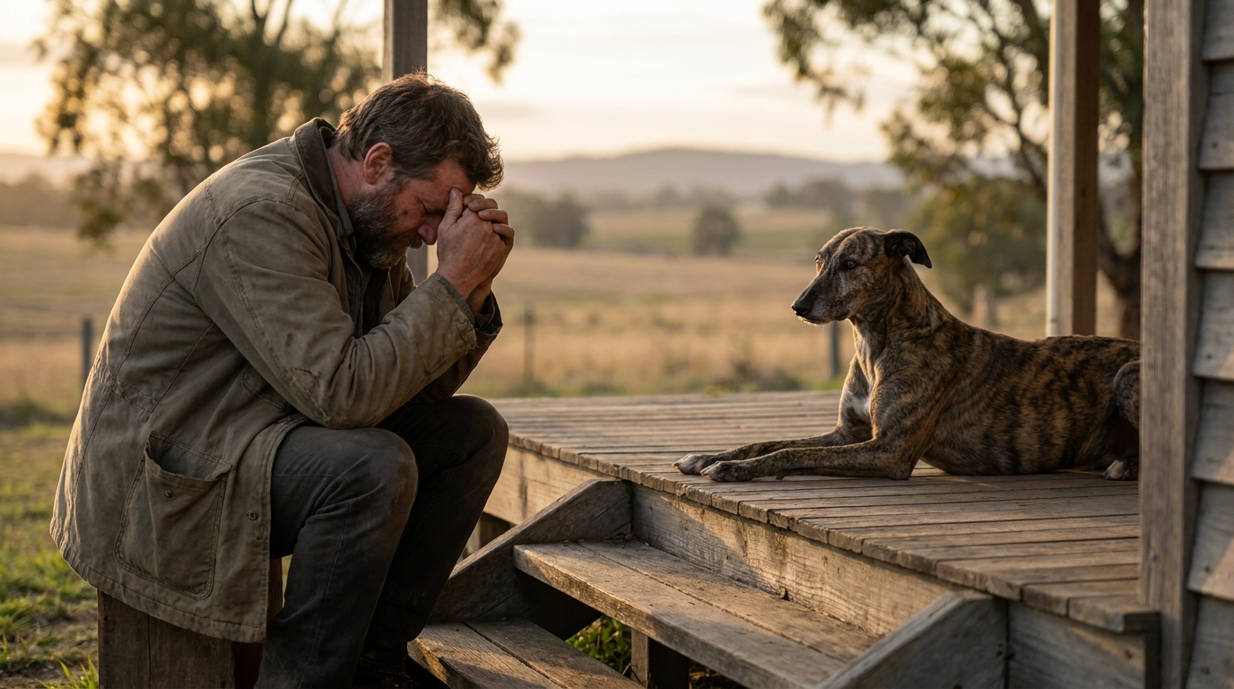 Un homme au visage triste et pensif, assis près d'un grand chien de type lévrier, symbolisant la complexité des liens homme-animal.