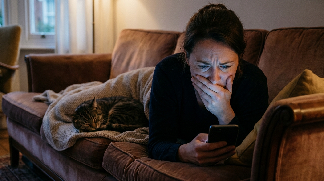 Une personne regarde son smartphone avec une expression de choc, assise sur un canapé à côté d'un chat qui dort paisiblement.