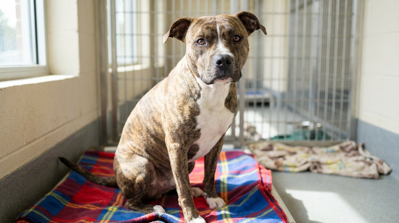 Un chien de type Pitbull au regard attendrissant, assis calmement dans son box au refuge, attendant une nouvelle famille.