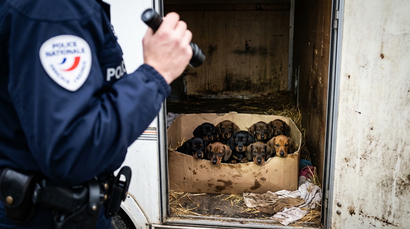 Un policier au visage choqué regarde neuf chiots teckels entassés dans une caisse sale à l'arrière d'une remorque sur une autoroute.