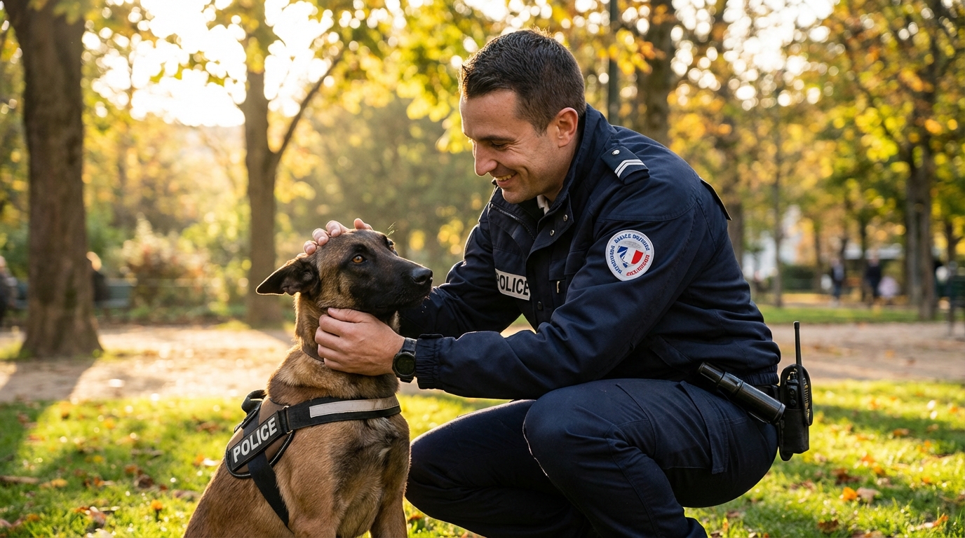 Un jeune Malinois plein d'énergie s'entraîne avec son maître, un policier en uniforme, dans un parc verdoyant.