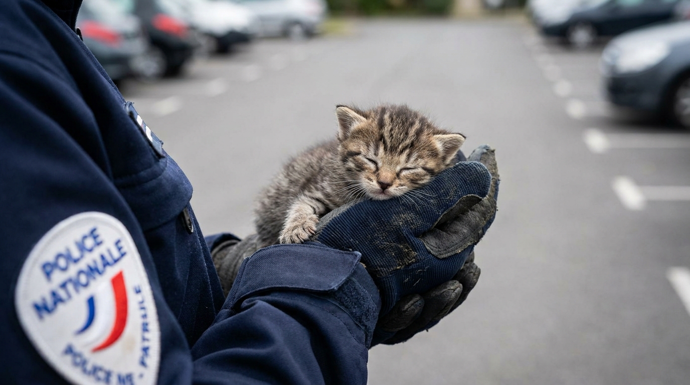 Un policier en uniforme tient délicatement dans sa main un minuscule chaton de quelques jours, blotti dans sa paume, symbole de sauvetage.