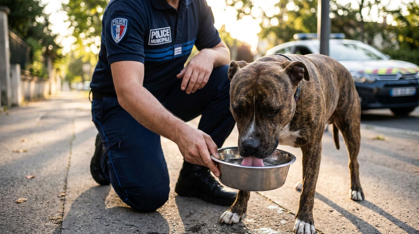 Un policier municipal français donne de l'eau à un chien de type American Staffordshire Terrier après l'avoir sauvé d'une voiture surchauffée.