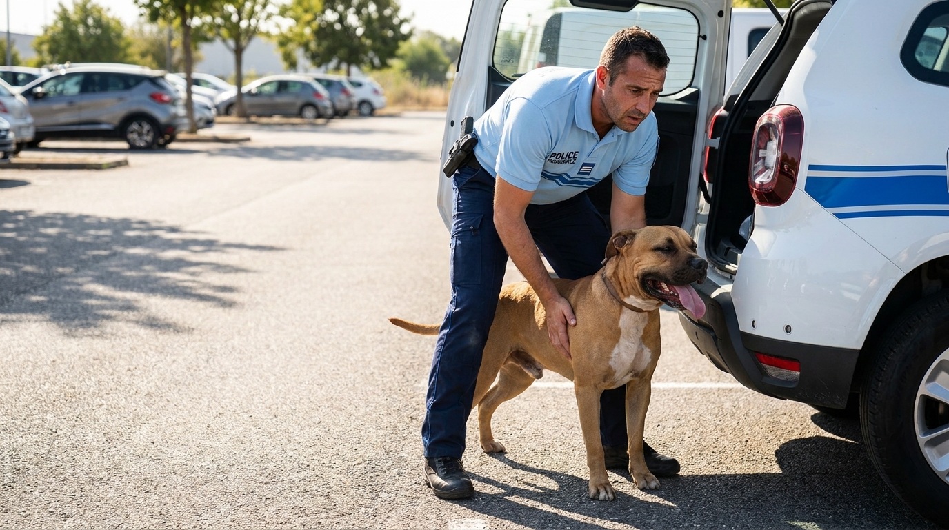 Un policier municipal en uniforme porte délicatement dans ses bras un chien de type American Staffordshire qui semble affaibli et haletant.