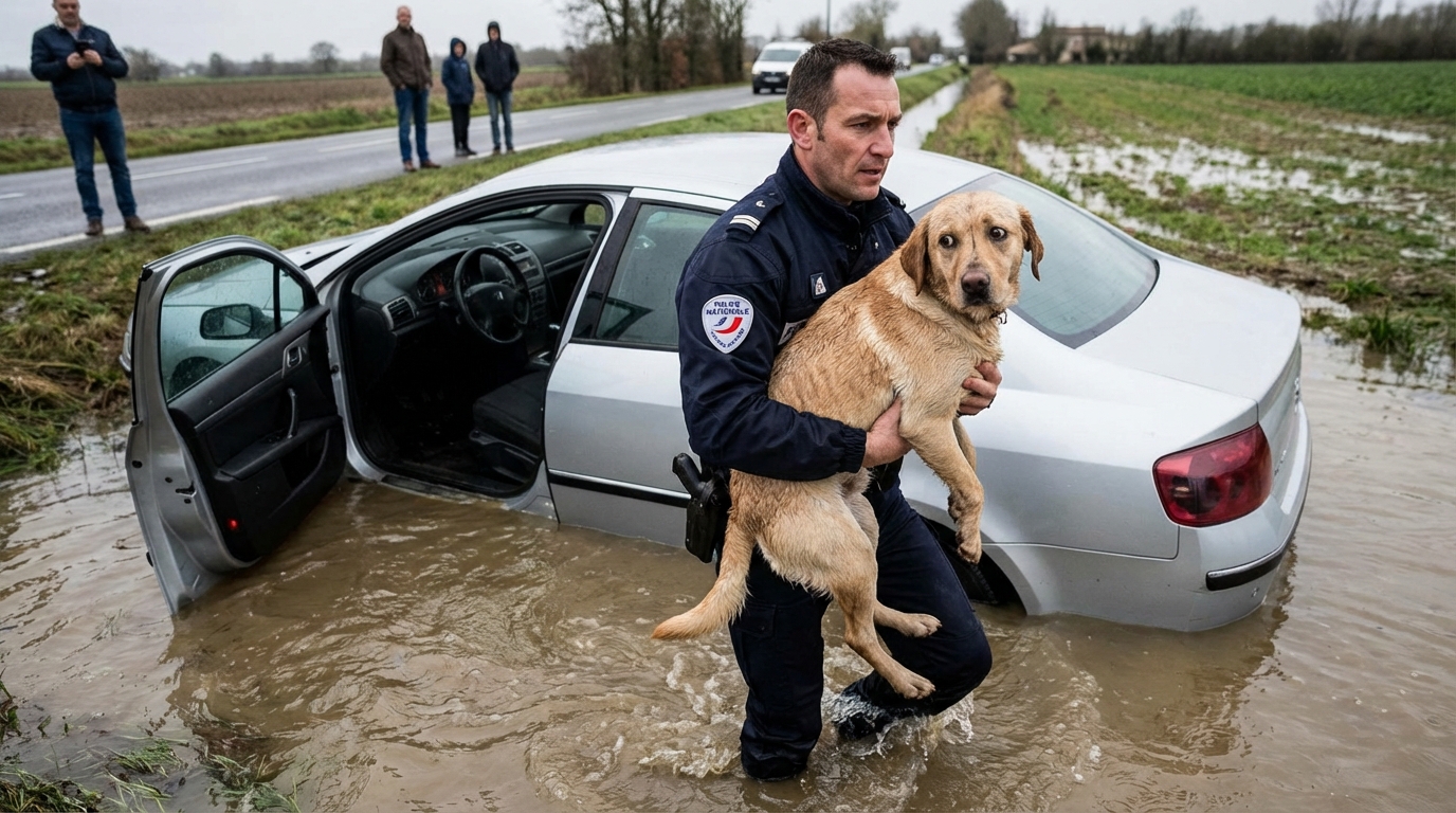 Un policier en uniforme français sortant avec précaution un chien de taille moyenne d'une voiture à moitié immergée dans un fossé.