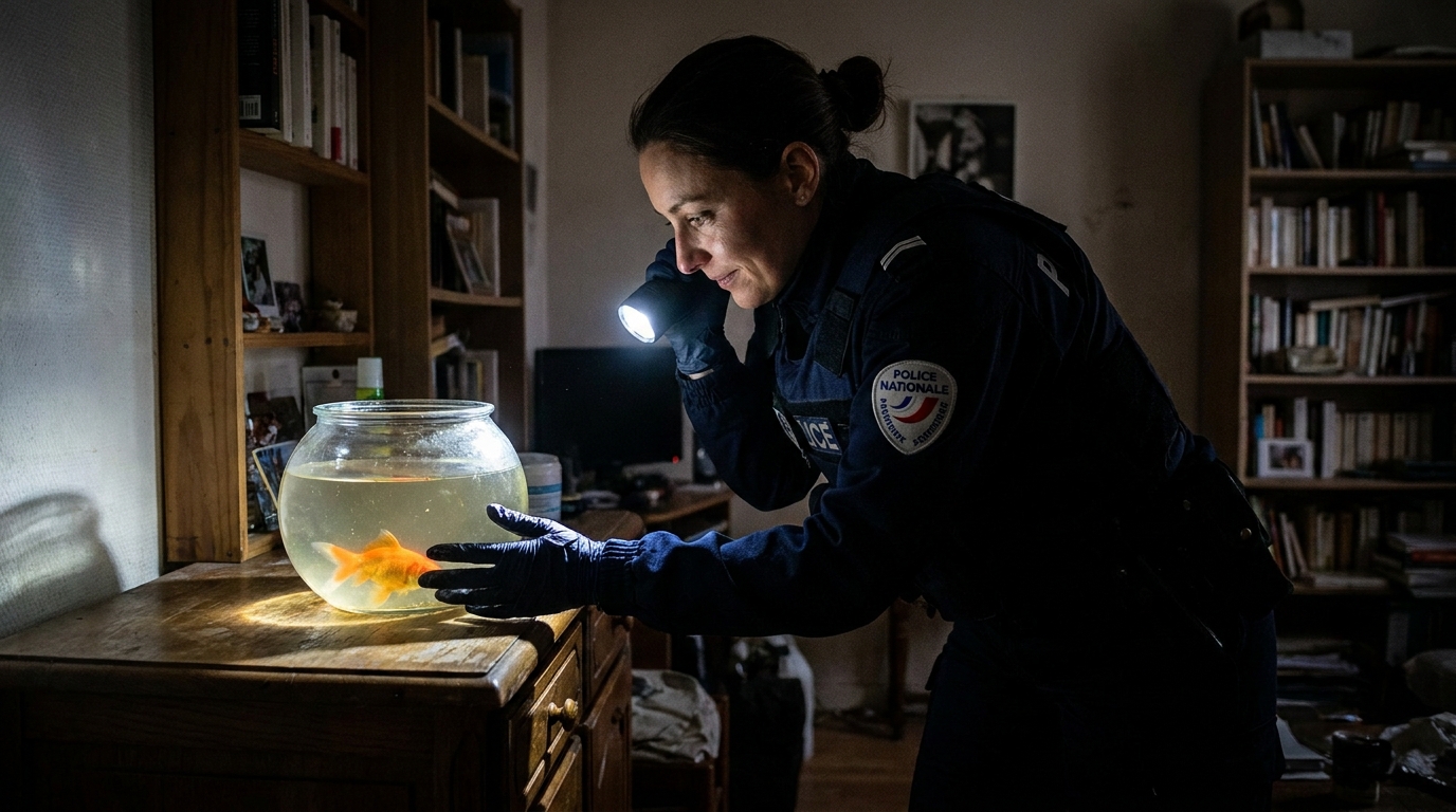 Une policière en uniforme observe avec soin un petit poisson tropical survivant dans un aquarium sombre et trouble.