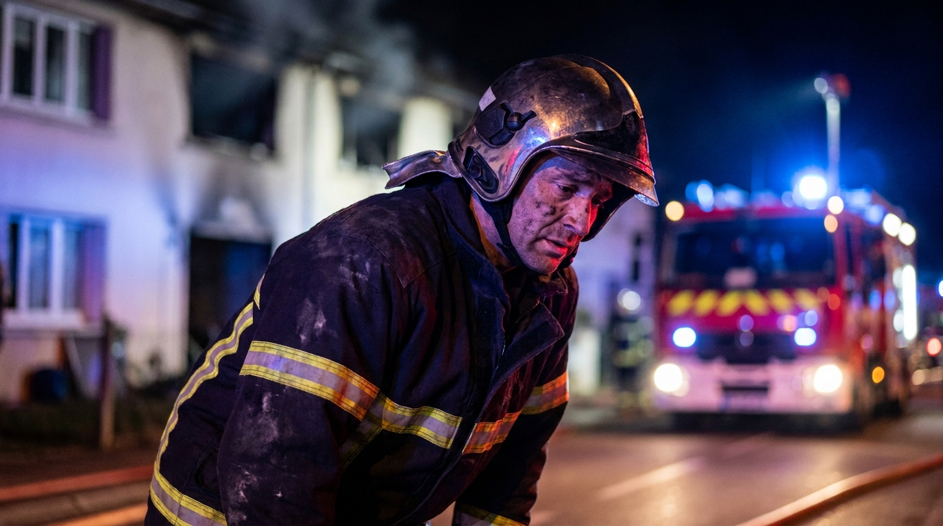 Un sapeur-pompier en uniforme, le visage marqué par la suie, est accroupi et caresse doucement la tête d'un chien au regard triste.