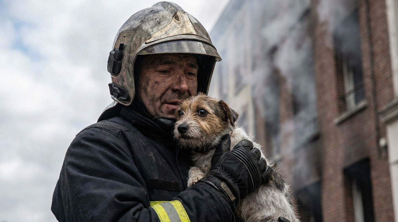 Un pompier français en uniforme tient délicatement un chien effrayé mais sauf dans ses bras, avec un bâtiment enfumé en arrière-plan.