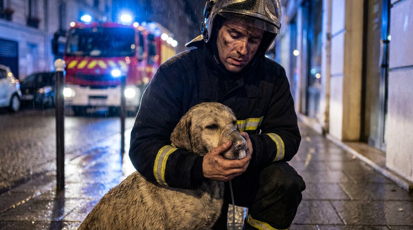 Un sapeur-pompier français en uniforme prend soin d'un chien couvert de suie, lui donnant de l'oxygène après un incendie d'appartement.