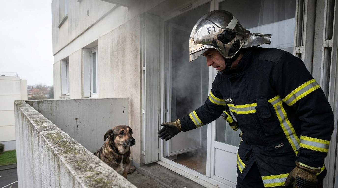Un sapeur-pompier français portant un casque et une veste de protection se penche pour rassurer un chien effrayé sur un balcon.