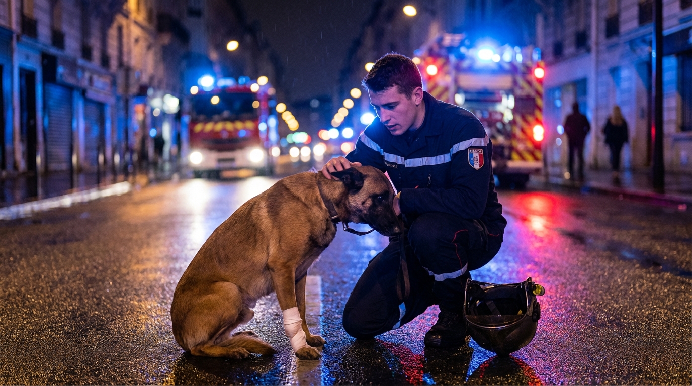 Un sapeur-pompier français en uniforme s'occupe avec douceur d'un jeune chien de race Malinois blessé, assis sur le bas-côté d'une route la nuit.