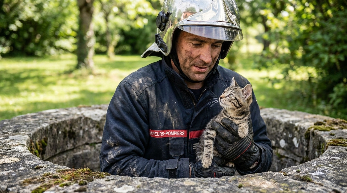 Un pompier spécialiste tenant délicatement un petit chat dans ses bras après l'avoir secouru d'un puits sombre et profond.