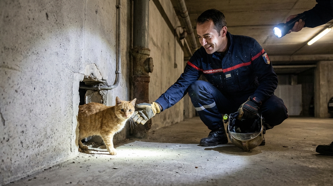 Un pompier français en uniforme regarde avec bienveillance un petit chat roux qui vient d'être secouru d'un mur en béton.