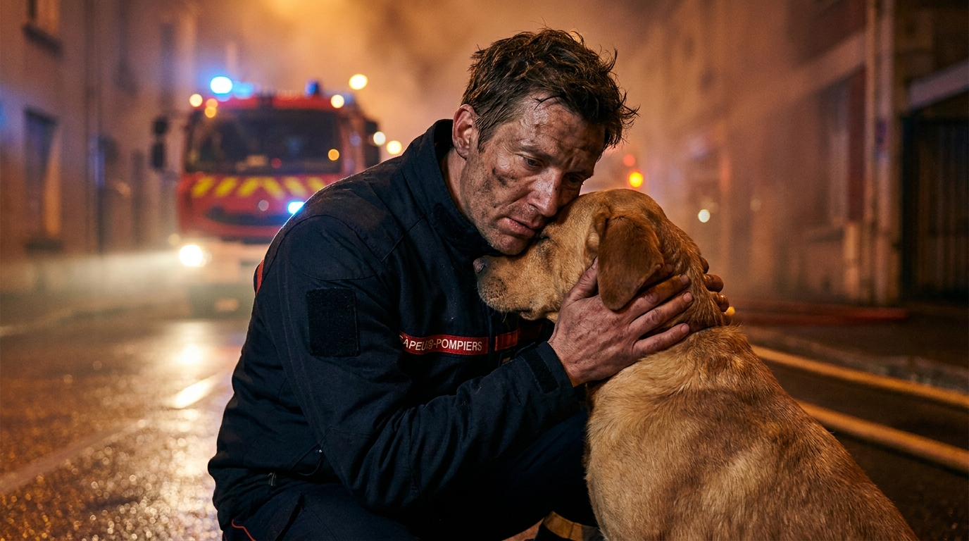 Un sapeur-pompier français en uniforme tient délicatement un chien dans ses bras, le visage empreint de tristesse, devant une maison sinistrée.