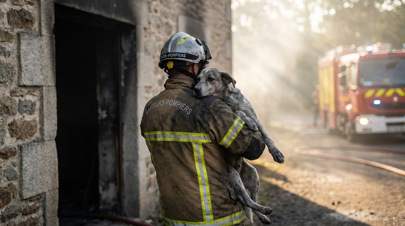 Un sapeur-pompier en tenue de service tient délicatement dans ses bras un chien blessé au milieu des décombres d'un appartement après un incendie.