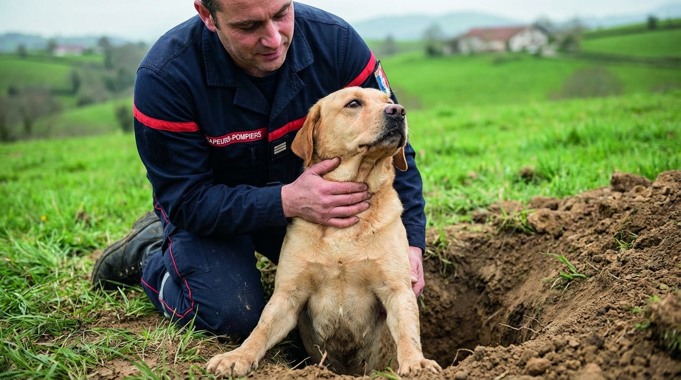 Un sapeur-pompier français en uniforme hisse délicatement un labrador couleur sable hors d'un trou dans un champ verdoyant.
