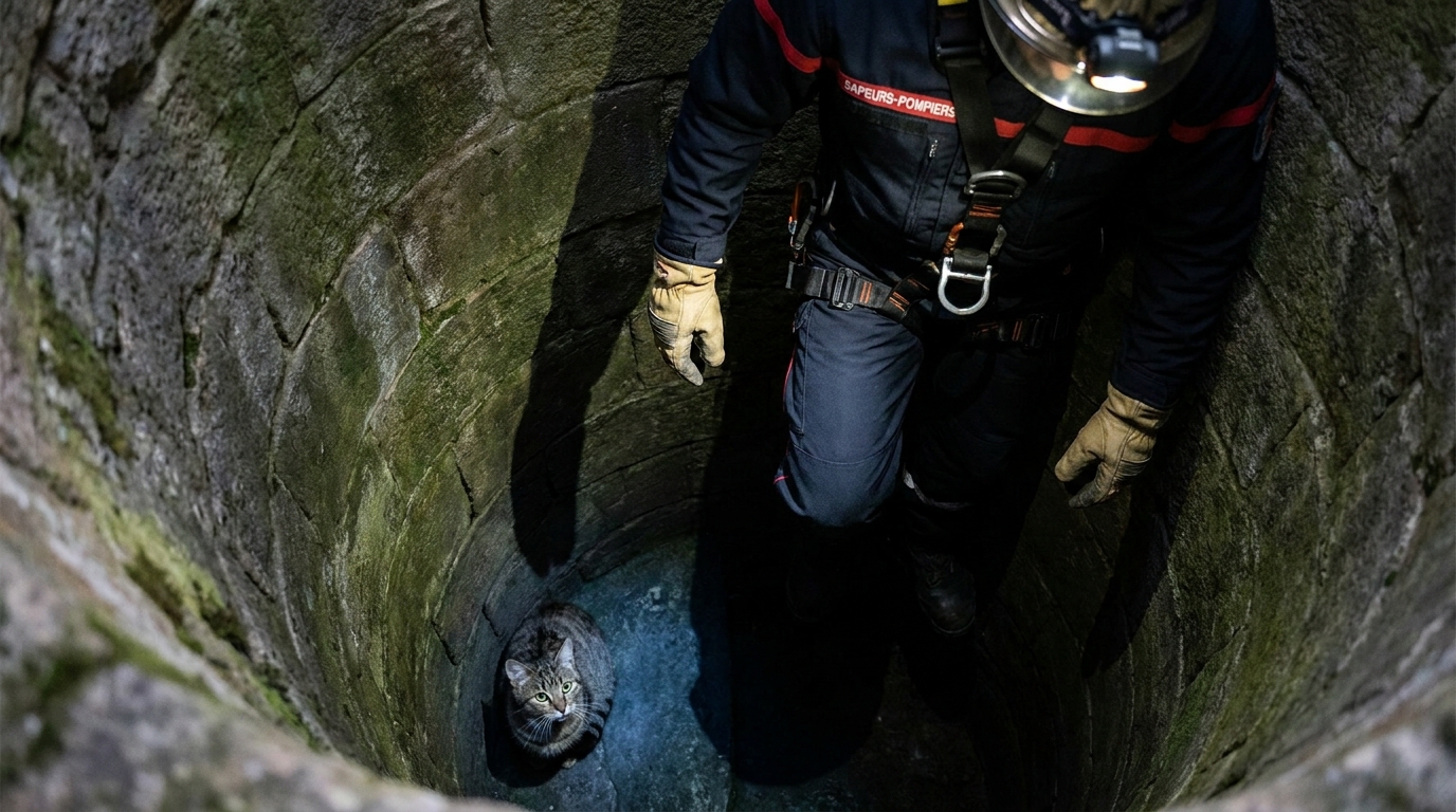 Un pompier en uniforme descend dans un puits en pierre pour récupérer un petit chat effrayé qui attend au fond.