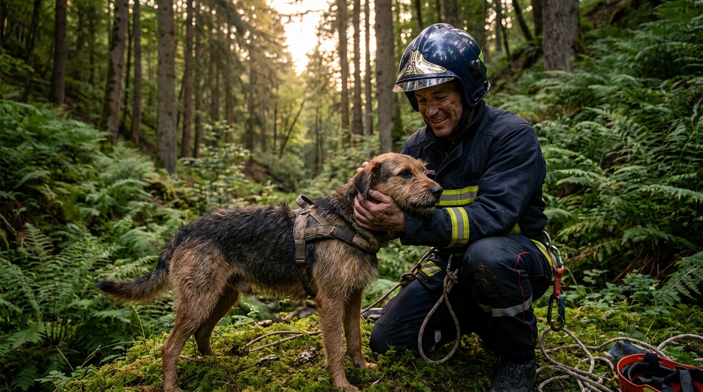 Un pompier français en uniforme réconforte un chien fatigué dans une zone boisée et escarpée au crépuscule, symbolisant le sauvetage réussi.