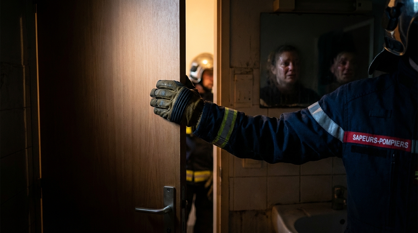 Un sapeur-pompier français en uniforme tend une main rassurante vers une personne en état de choc près d'une porte de salle de bain.
