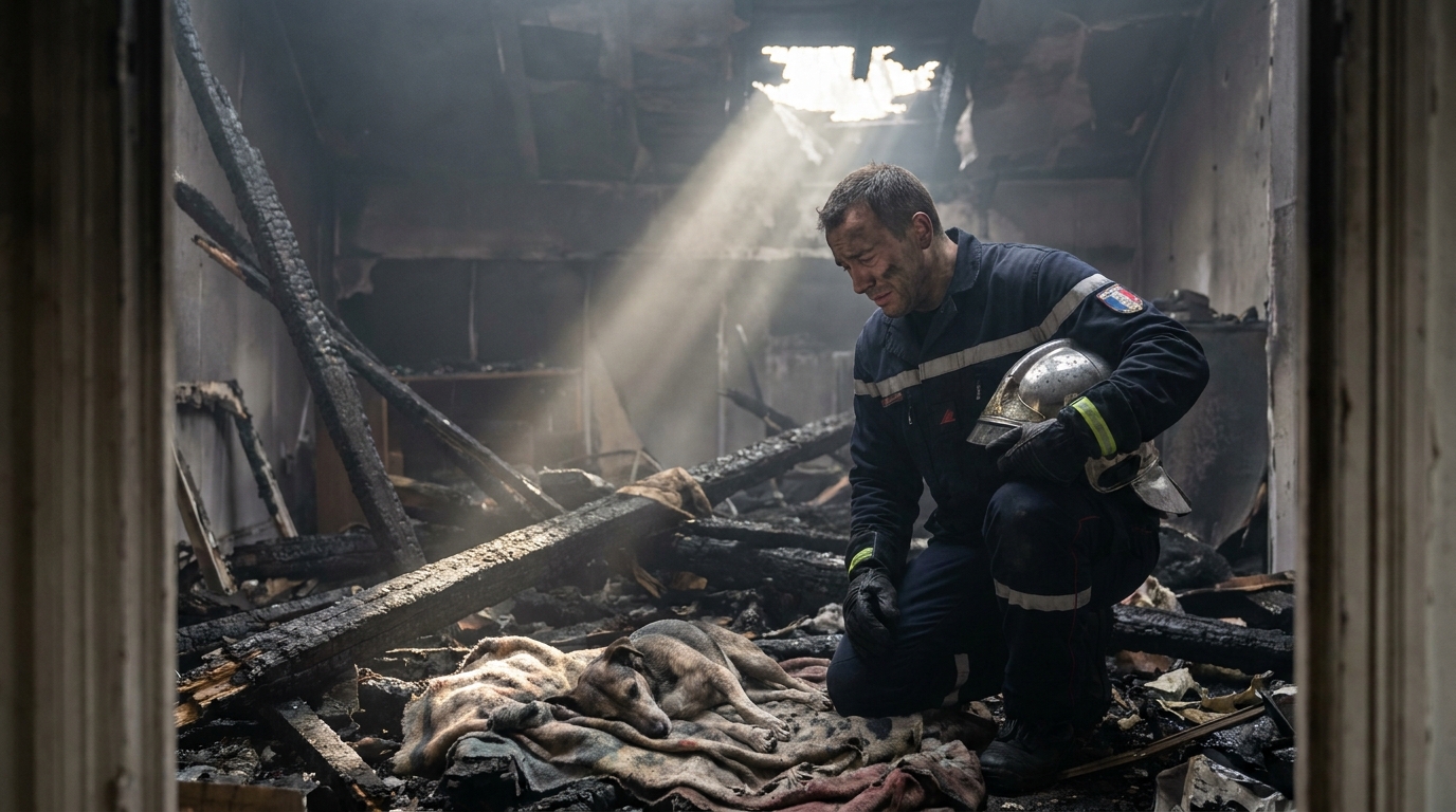 Un sapeur-pompier en uniforme, le visage marqué par la tristesse, se recueille près d'un animal sans vie dans les décombres fumants d'une maison.