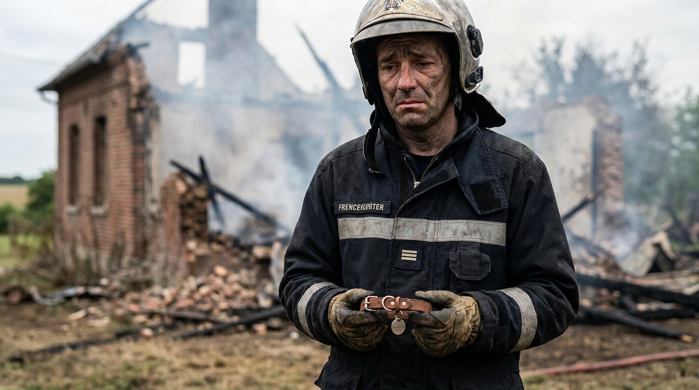 Un pompier français en uniforme regarde avec tristesse un collier d'animal qu'il tient dans sa main devant une maison détruite par le feu.