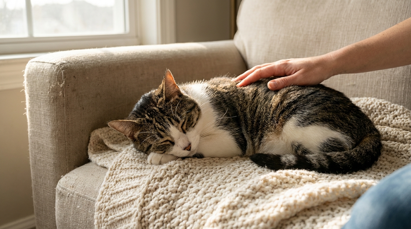 Pompom, un chat tigré et blanc, se blottit confortablement sur un canapé, profitant de la sécurité de son nouveau foyer.