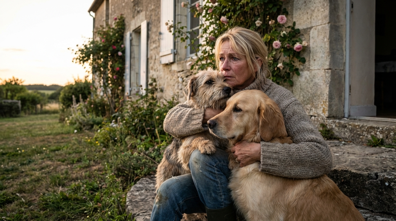 Une femme réconfortant ses chiens, le visage marqué par la tristesse après la perte de son chat, symbolisant la douleur de la cruauté animale.