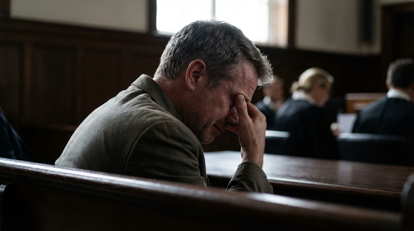 Un homme d'une cinquantaine d'années, l'air abattu, assis sur un banc de tribunal, la tête entre les mains en signe de désespoir.