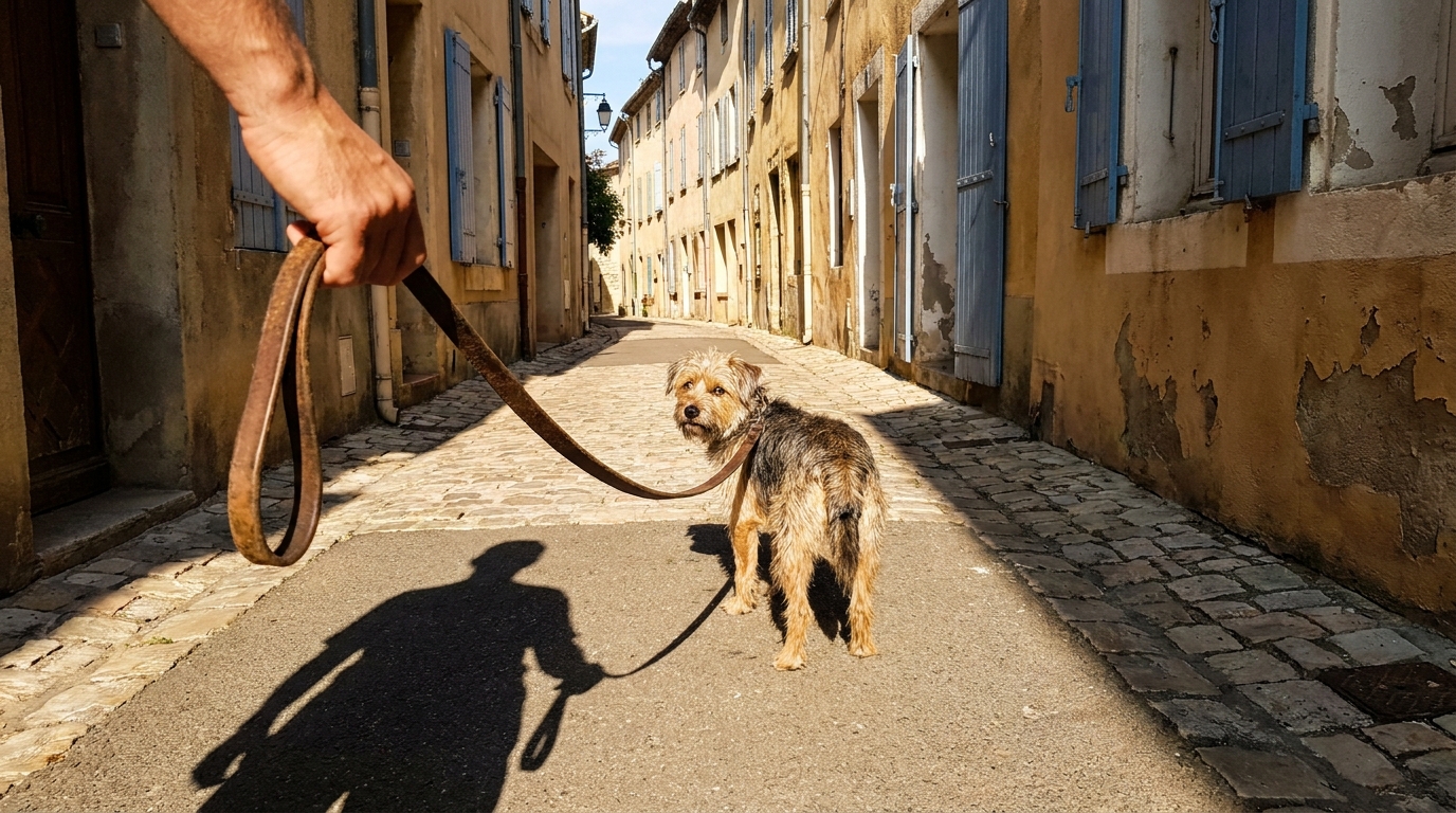 Un propriétaire tient son petit chien en laisse dans une rue d'Amélie-les-Bains, tous deux visiblement anxieux face à un danger hors champ.