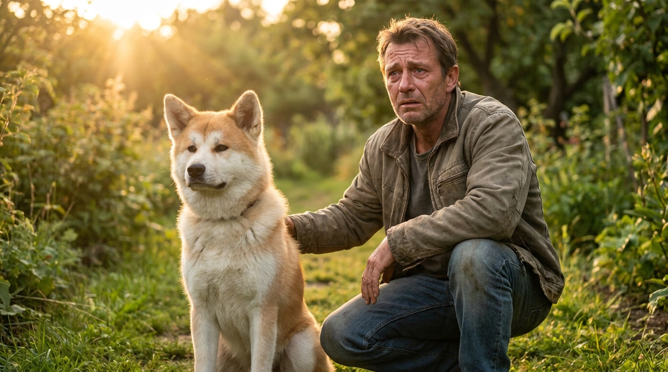 Une personne réconforte son chien au regard triste, assis dans un jardin verdoyant, symbolisant la vigilance face au poison.