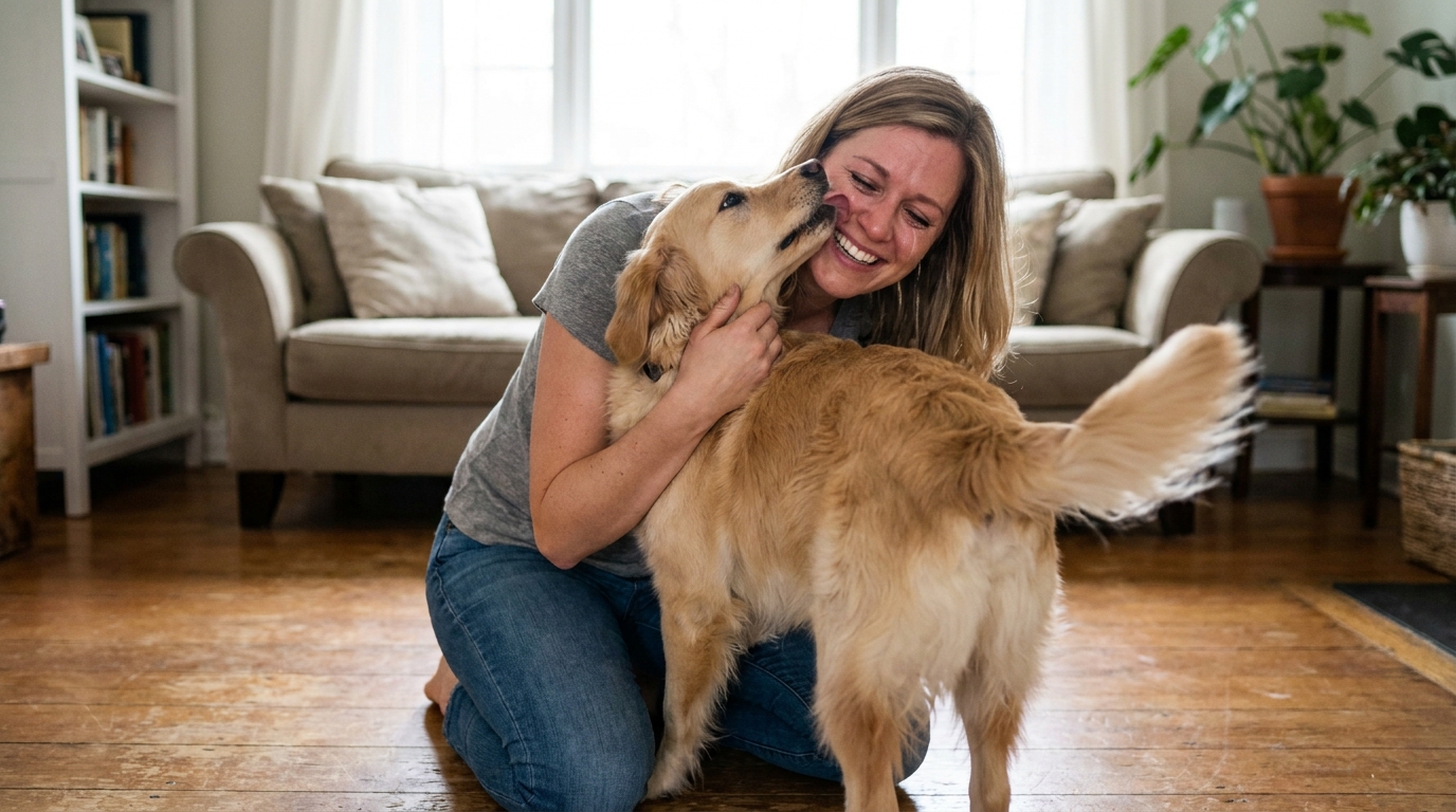 Une femme en tenue décontractée serrant joyeusement son chien dans ses bras, le visage rempli d'émotion après une longue séparation.